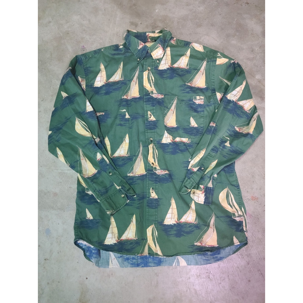 Nautica Men's Shirt large Vintage Sailboat Green Nautical Button Front